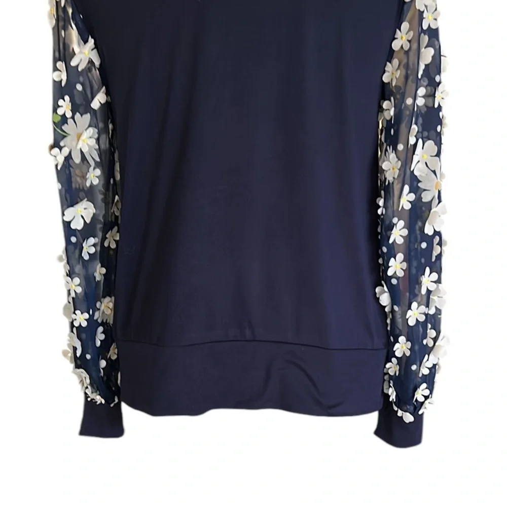 Anthropologie Eva Franco Becky Navy Blue White Daisy Appliqué Top - XS